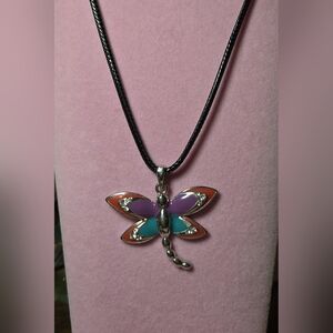 Handmade Boho Enameled Dragonfly Pendant Necklace with Rhinestones NWT